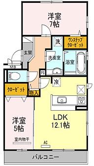 フィオレンテ デューFIORENTE DUE(2LDK/1階)の間取り写真
