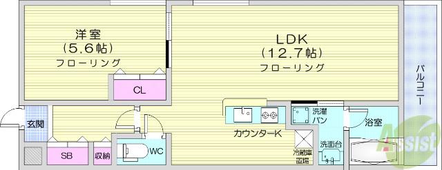 しまかげビル(1LDK/5階)の間取り写真
