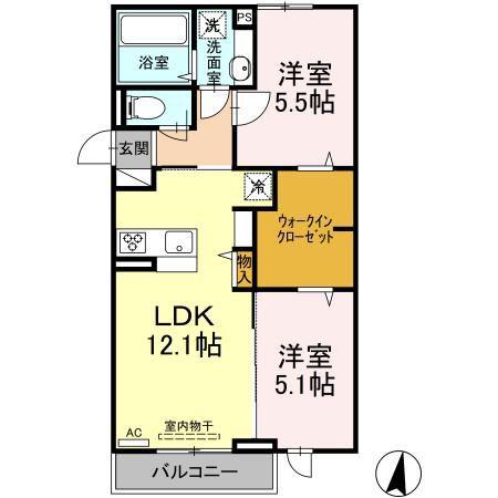 DーROOMさんよう B棟(2LDK/2階)の間取り写真
