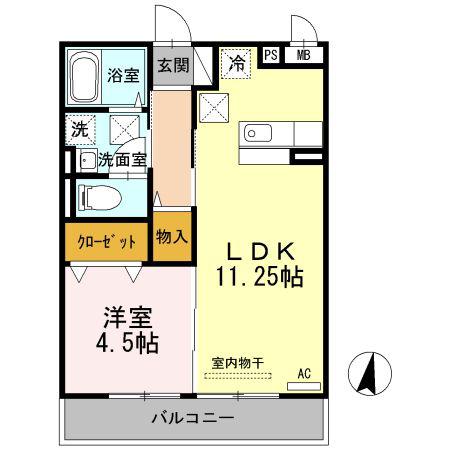 ソレイユ富任B棟(1LDK/1階)の間取り写真