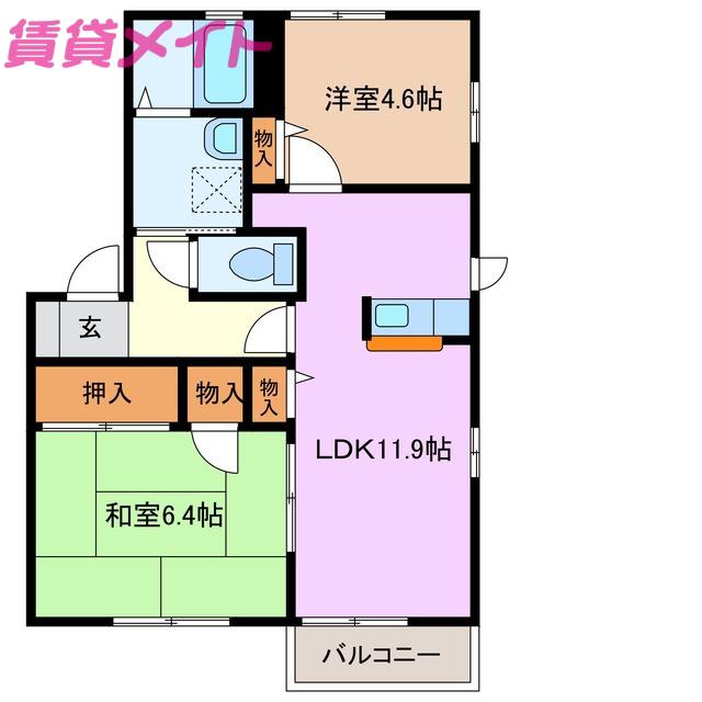 シャルムA棟(2LDK/2階)の間取り写真