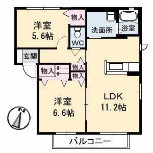 ツインズK.K I棟(2LDK/2階)の間取り写真