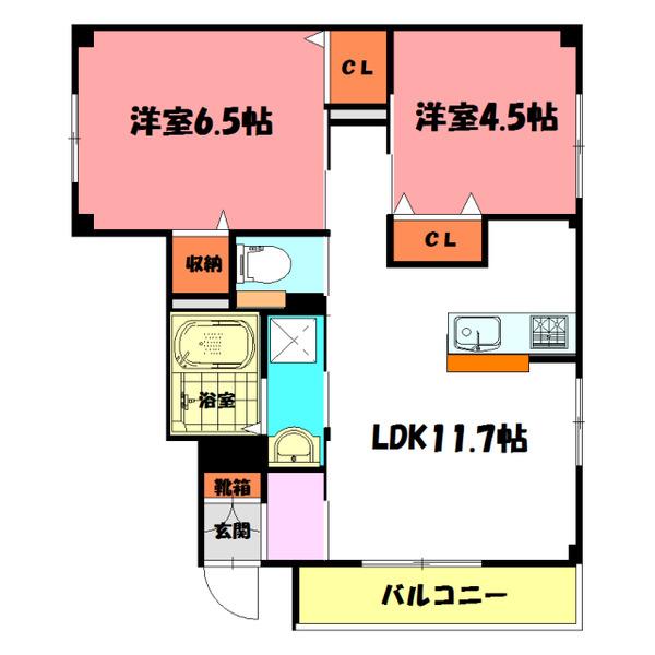 サンモール金ケ崎II(2LDK/1階)の間取り写真