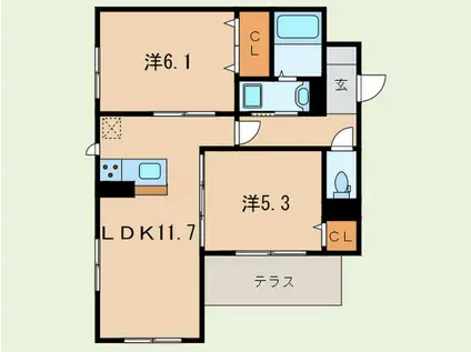 ベレッツァ甲南山手(2LDK/3階)の間取り写真
