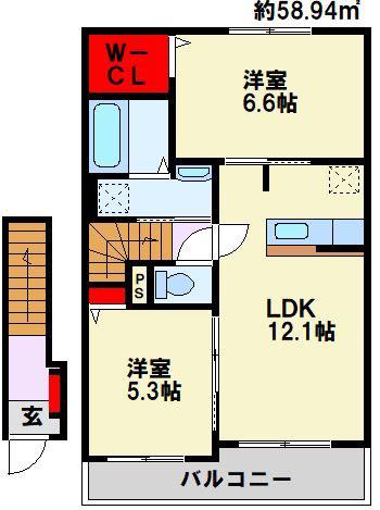 ラ・カーサ(2LDK/2階)の間取り写真