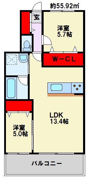 医生ヶ丘ヴァレンシア C棟(2LDK/2階)の間取り写真