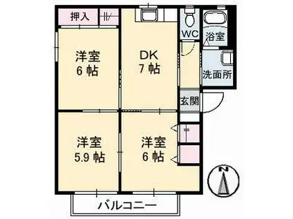 グランコート浅野 C棟(3DK/2階)の間取り写真
