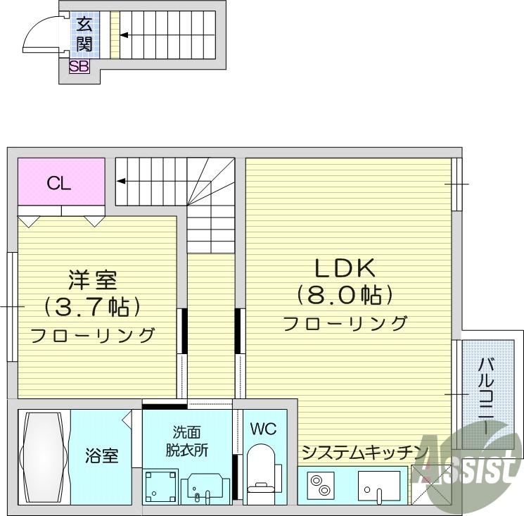 エクシリア東仙台Ⅱ(1LDK/2階)の間取り写真