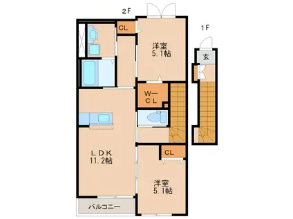 ソラーレ梅満(2LDK/2階)の間取り写真