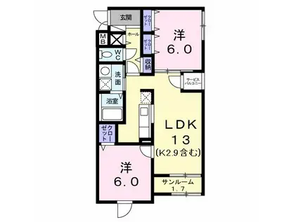 ベルプレーヌ(2LDK/1階)の間取り写真