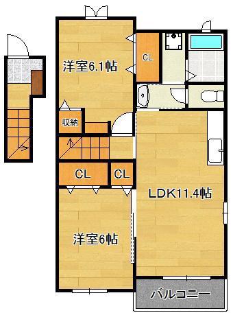 サン・ノーブII木屋瀬(2LDK/2階)の間取り写真
