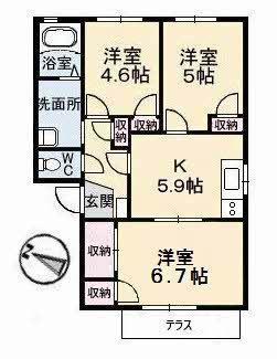 サンライン川入B棟(3K/1階)の間取り写真