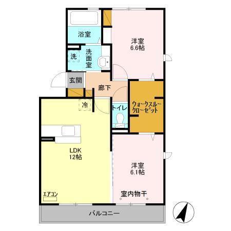 グランドゥール高柳A(2LDK/3階)の間取り写真