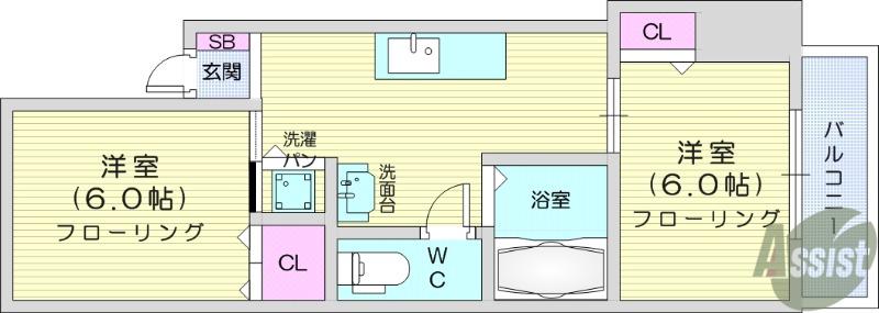 ブラヴール南仙台1(2K/2階)の間取り写真