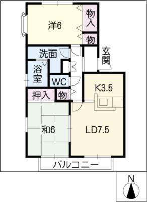 フレマリール香久山B棟(2LDK/2階)の間取り写真