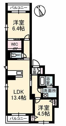 グランブーケA棟(2LDK/2階)の間取り写真