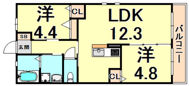 LA LUCE西宮北口(2LDK/3階)の間取り写真