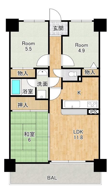 レックスガーデン大津南郷ベルデ(3LDK/11階)の間取り写真