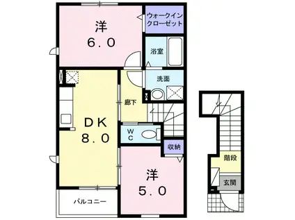 ベルズかたかごC(2DK/2階)の間取り写真