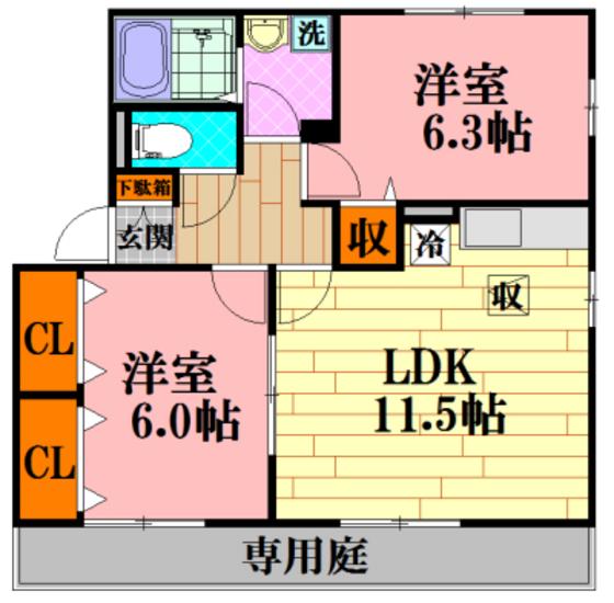 ヴィルヌーブマスダ B棟(2LDK/1階)の間取り写真