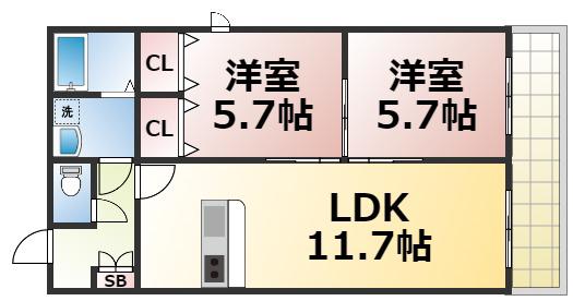 フルール桃谷(2LDK/3階)の間取り写真