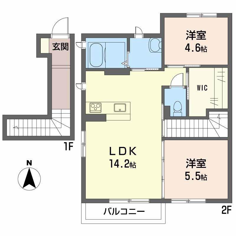 ラフィーネ三室参番館A(2LDK/2階)の間取り写真