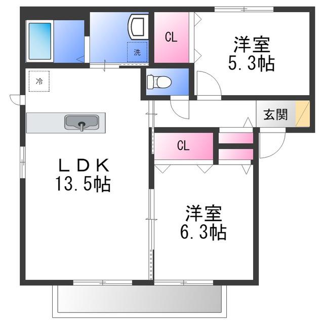 シャーメゾン光明池B(2LDK/1階)の間取り写真