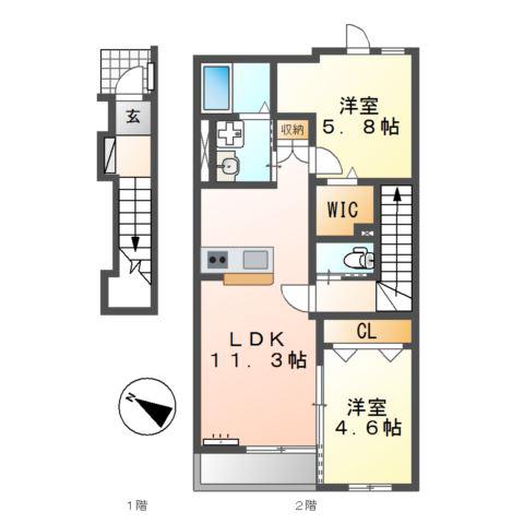 ボスコ三本木(2LDK/2階)の間取り写真