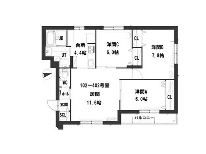 グランメール 西野1-1(3LDK/3階)の間取り写真