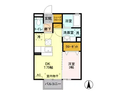 D-ROOM モリ ソレール201(1DK/2階)の間取り写真