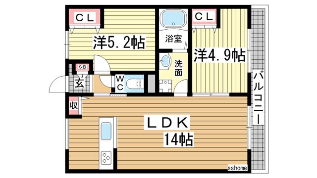 リアライズ箕岡旧アーバン箕岡(2LDK/1階)の間取り写真