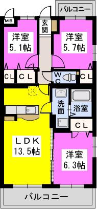 ココテラスK(3LDK/5階)の間取り写真