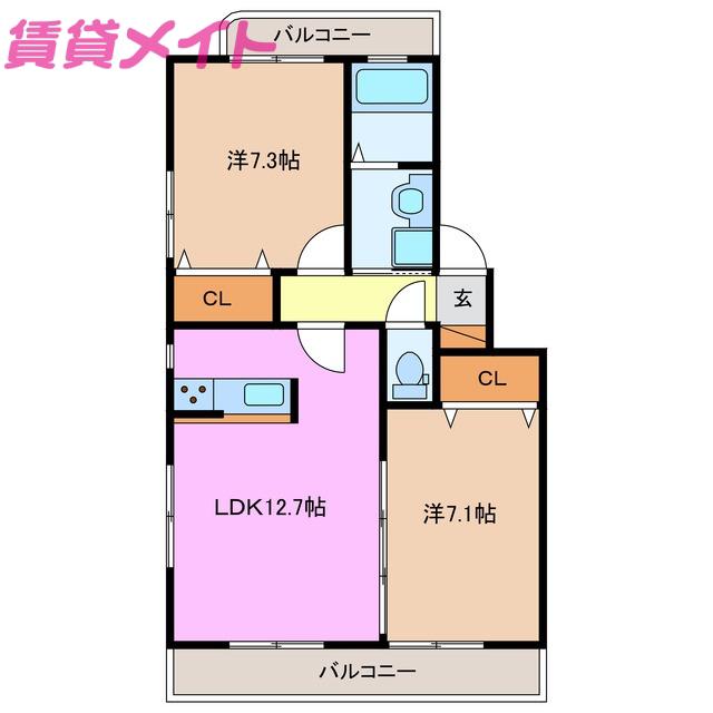 エクセレント室山 A棟(2LDK/3階)の間取り写真
