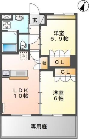 エミスフェール綾織(2LDK/1階)の間取り写真
