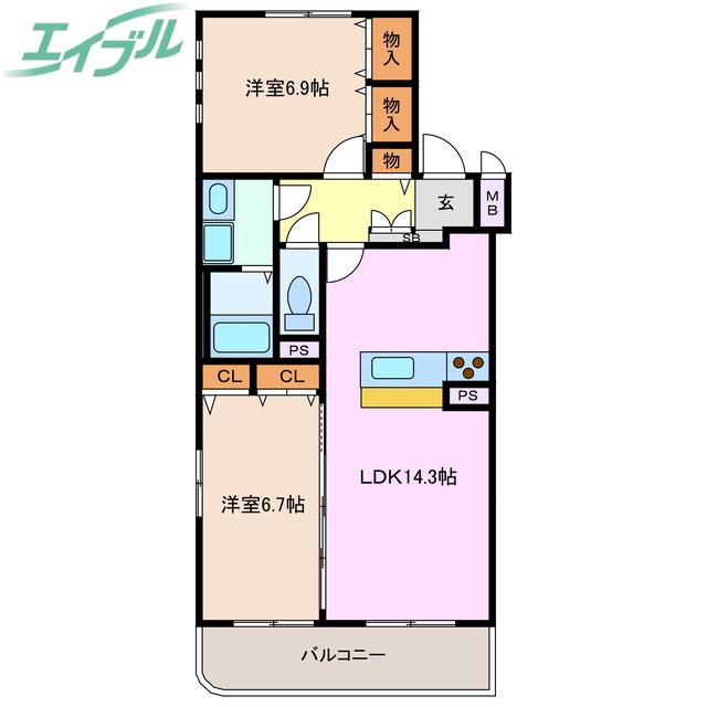 クレール大井手(2LDK/2階)の間取り写真