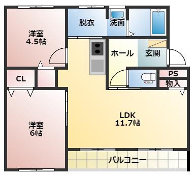 マンション鹿内(2LDK/4階)の間取り写真