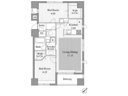 レジディア新川II(2LDK/10階)の間取り写真