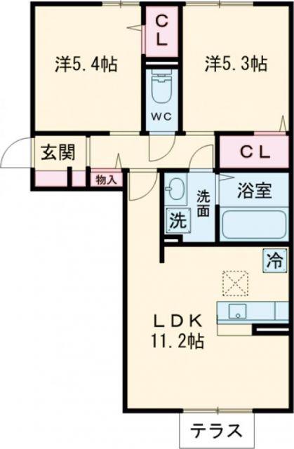 イオメール折尾 B棟(2LDK/1階)の間取り写真
