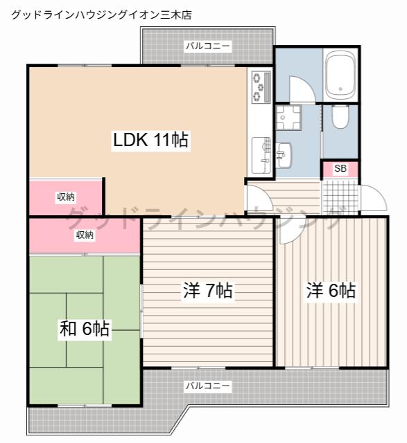 明石二見ハイツ1号棟(3LDK/4階)の間取り写真