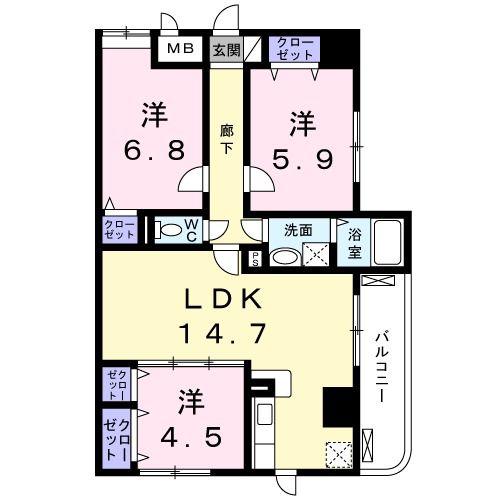 ディアコート木太(3LDK/9階)の間取り写真