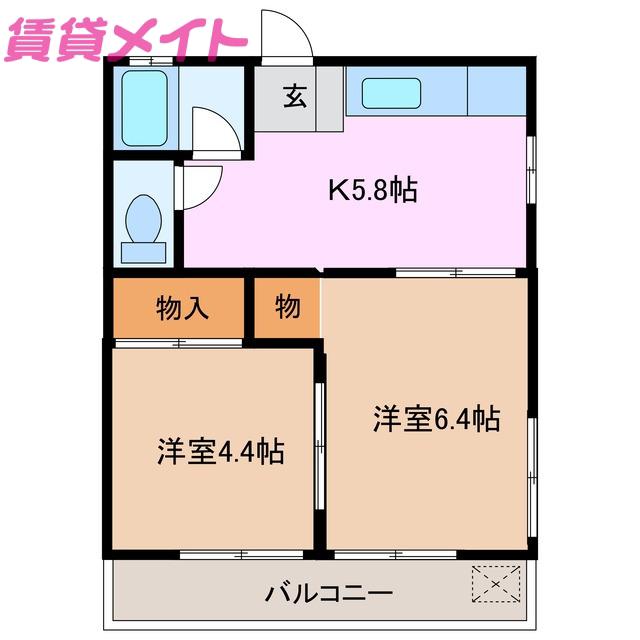 サニーハイツ服部(2DK/2階)の間取り写真
