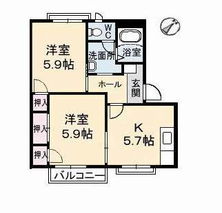 オーキッド倉敷IIA棟(2K/2階)の間取り写真