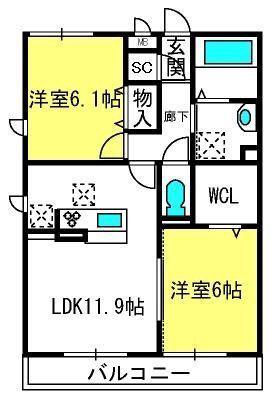 プリムヴェール十五番館(2LDK/1階)の間取り写真