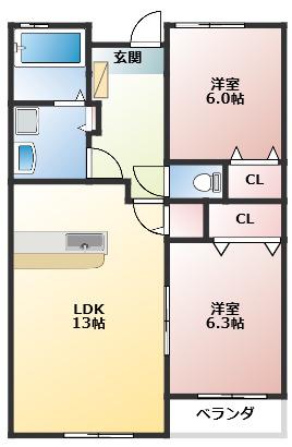 グランコートII(2LDK/1階)の間取り写真