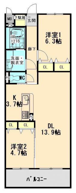 グランドール(2LDK/3階)の間取り写真