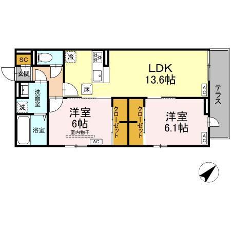 アーバングレイス宮千代1丁目 I(2LDK/1階)の間取り写真