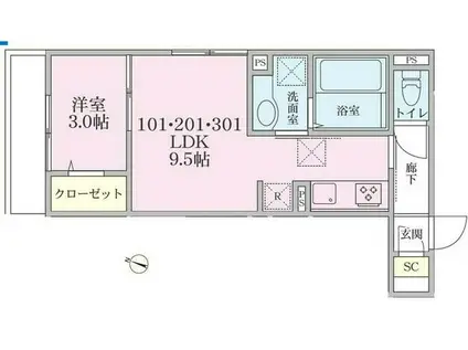 東急田園都市線 たまプラーザ駅 徒歩13分 3階建 築2年(1LDK/3階)の間取り写真