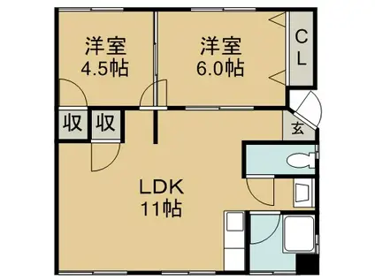 オークフィールド沖洲(2LDK/2階)の間取り写真