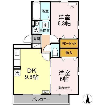 オークスK A棟(2DK/2階)の間取り写真