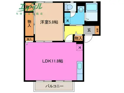 ハイネス21 B棟(1LDK/2階)の間取り写真